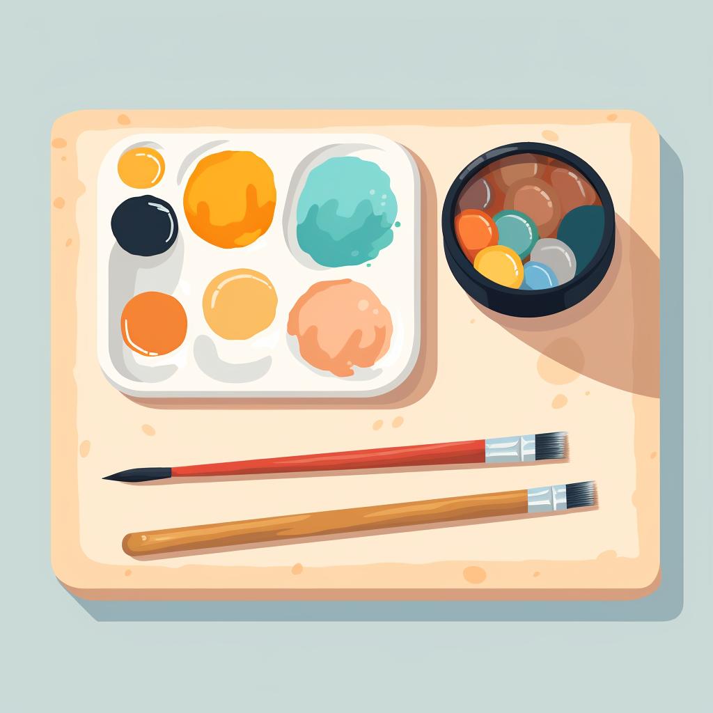 Materials laid out on a table: a small box, non-toxic paint, and a paintbrush.