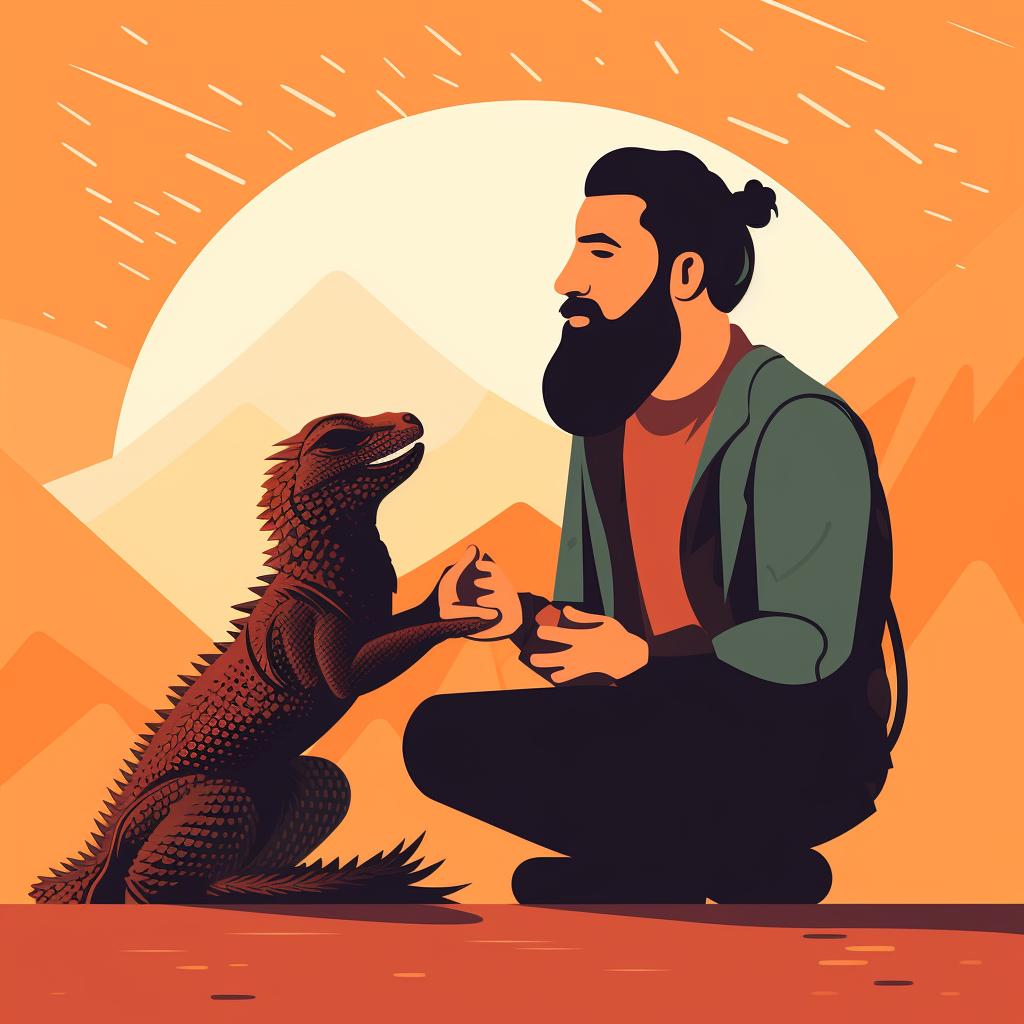 A person calmly interacting with a bearded dragon