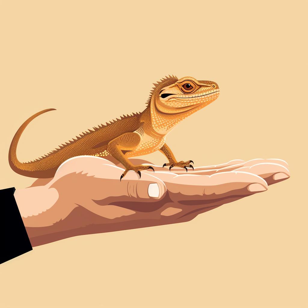 A hand gently lifting a bearded dragon's tail