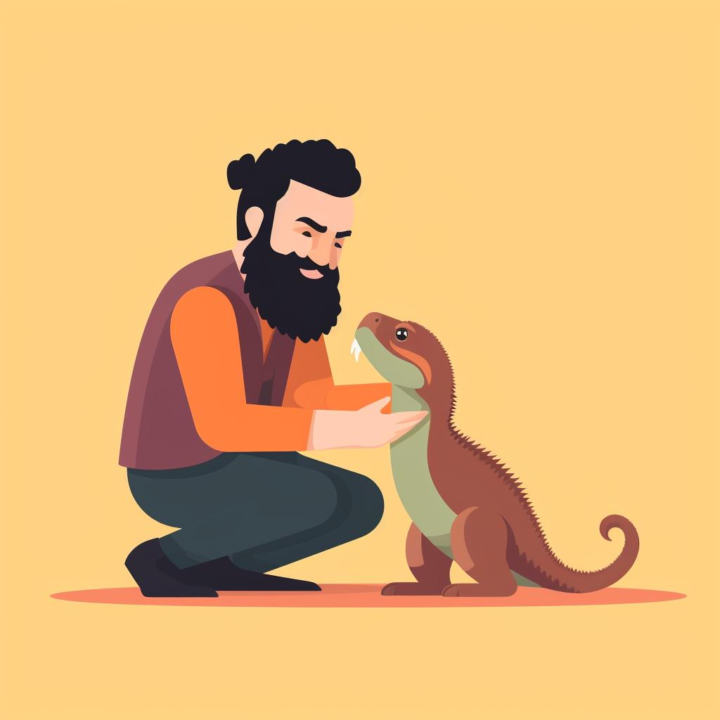 A person gently interacting with a bearded dragon