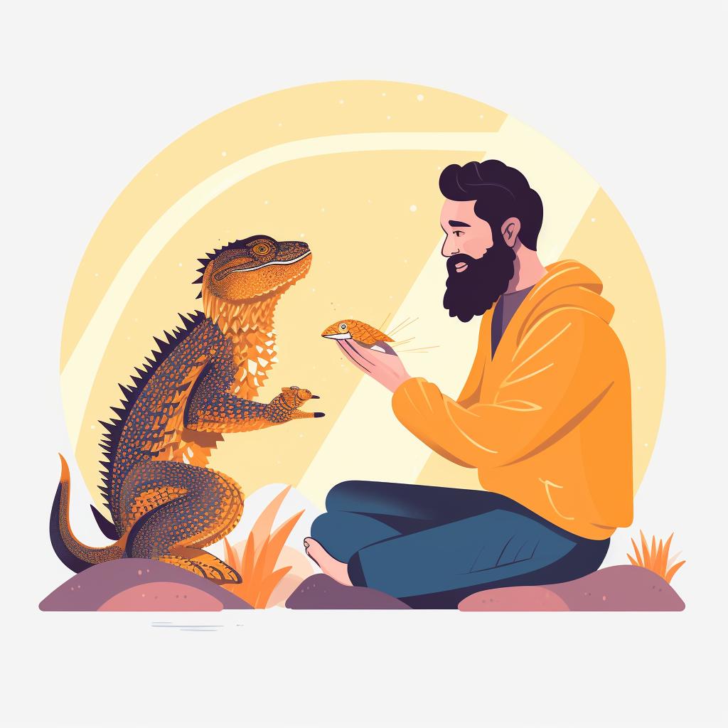 A person feeding a treat to a bearded dragon