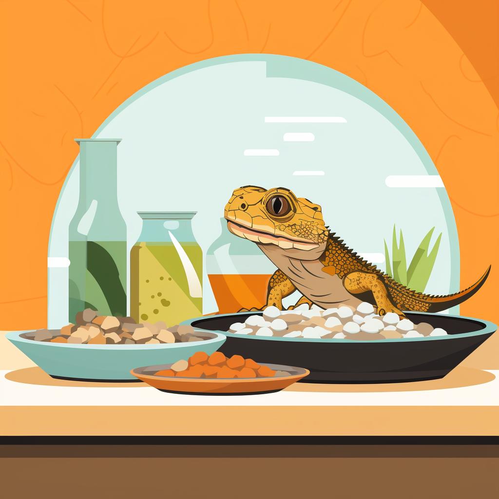 Water and food dishes placed in a bearded dragon tank