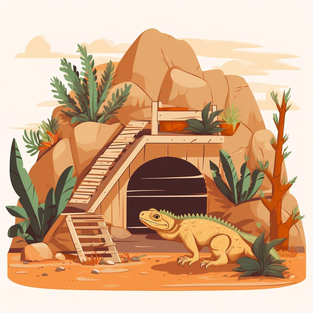 A bearded dragon enclosure with hiding spots and climbing areas