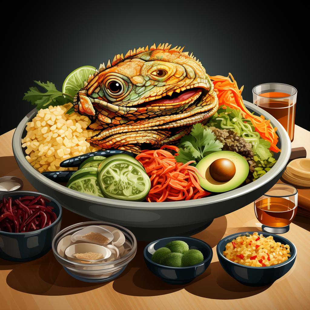 A small amount of food in a bearded dragon's dish