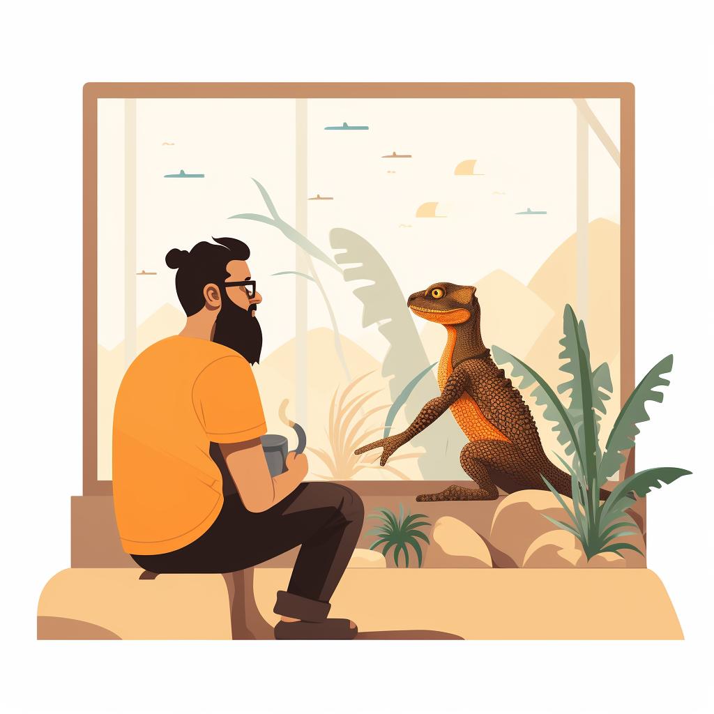 A person observing a bearded dragon in its enclosure