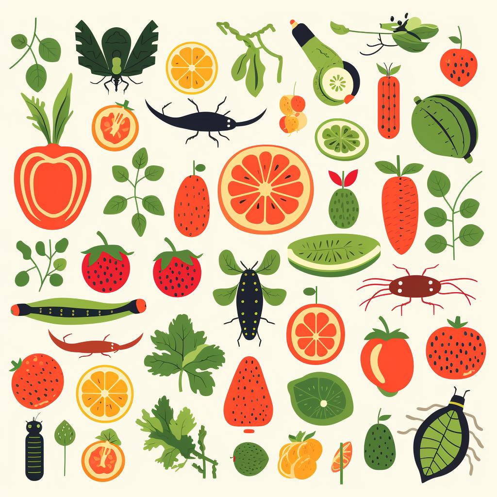 A variety of insects, vegetables, and fruits