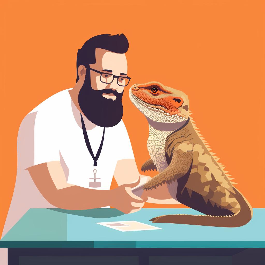 A bearded dragon being examined by a vet