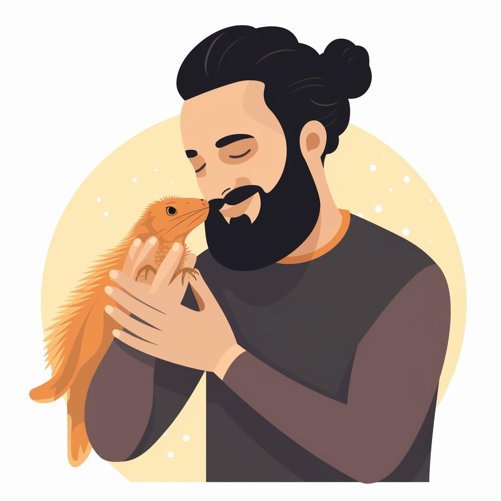 A person gently handling a bearded dragon
