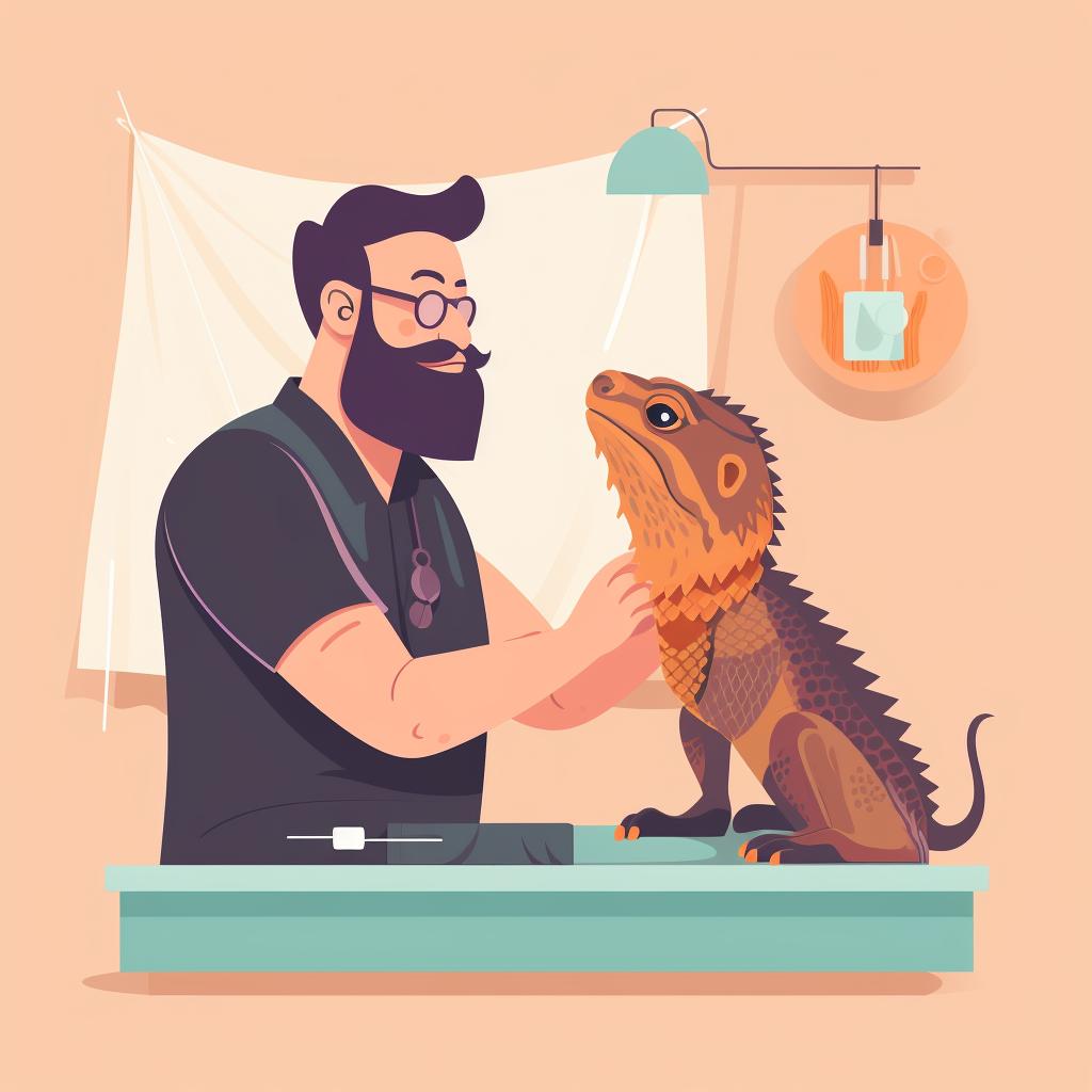 A bearded dragon being examined by a vet