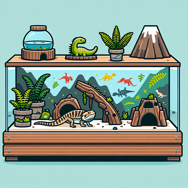 bearded dragon tank with dinosaur-themed decor