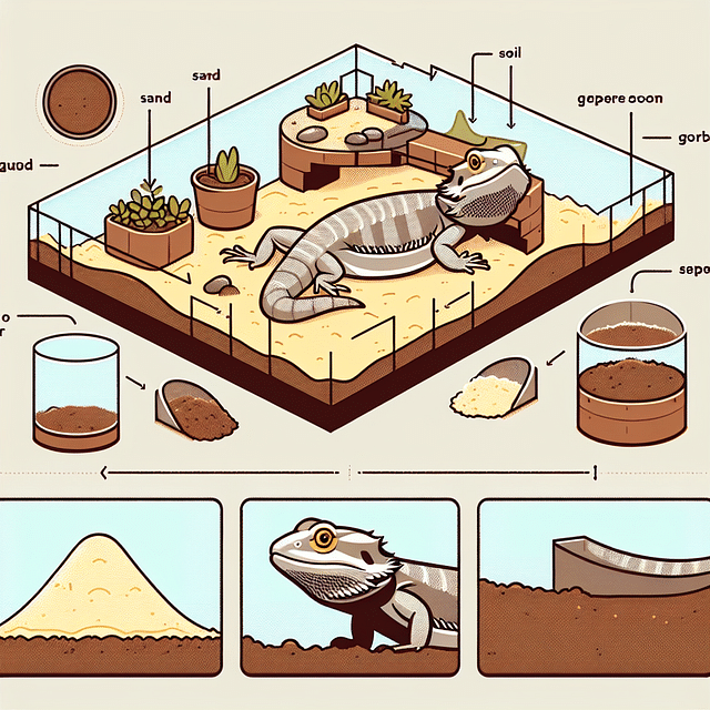 bearded dragon tank with sand, soil, and reptile carpet areas