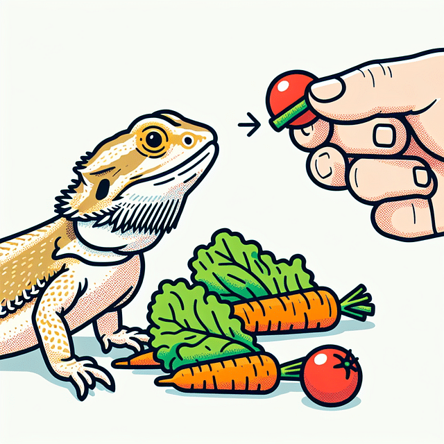 bearded dragon being hand-fed vegetables