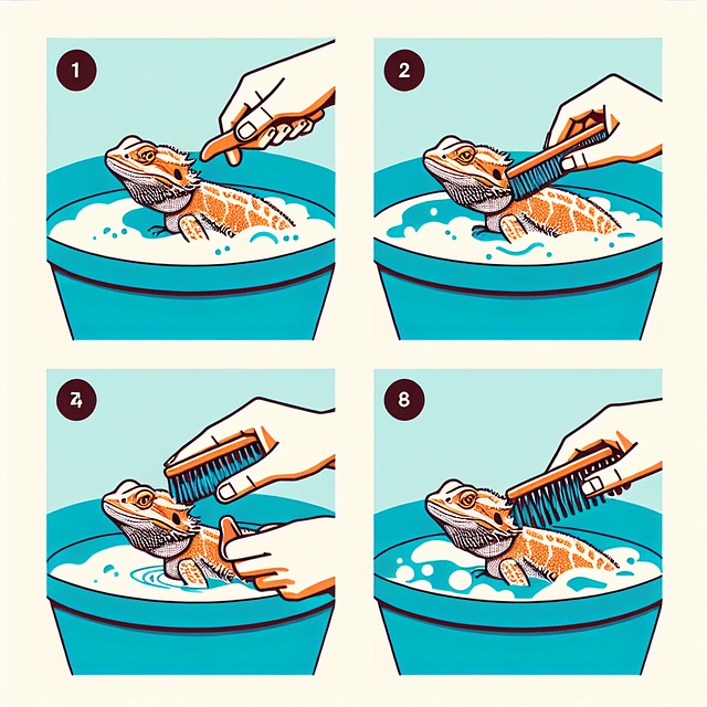 soft brushing of a bearded dragon in a bath
