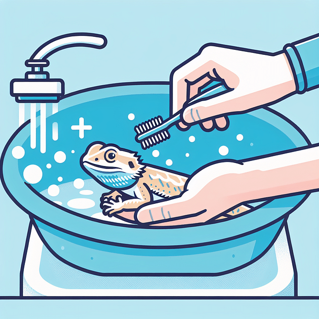 gently scrubbing a bearded dragon with a soft toothbrush in the bath