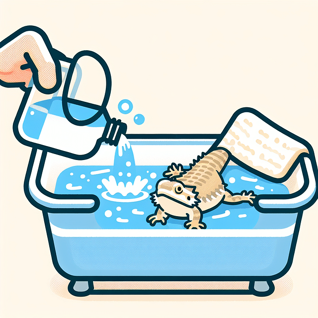 lukewarm water being poured into a bearded dragon's bath
