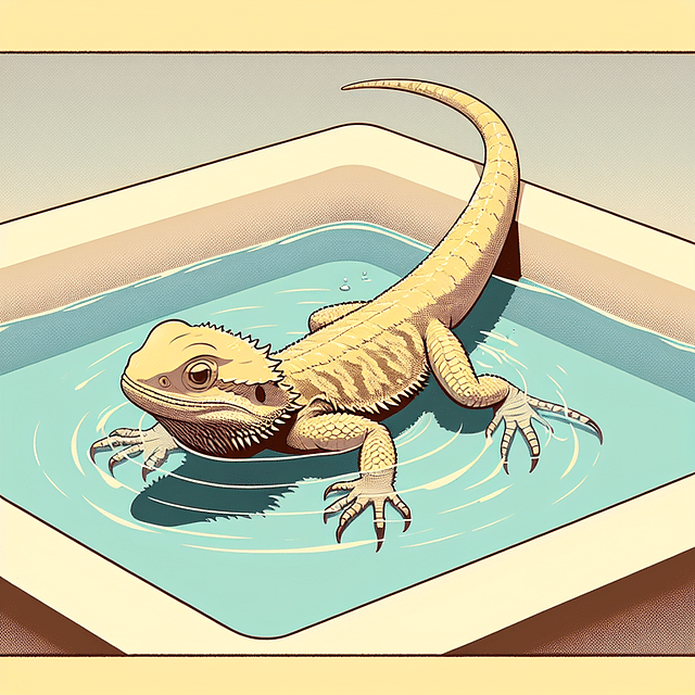 bearded dragon being gently placed into a shallow bath