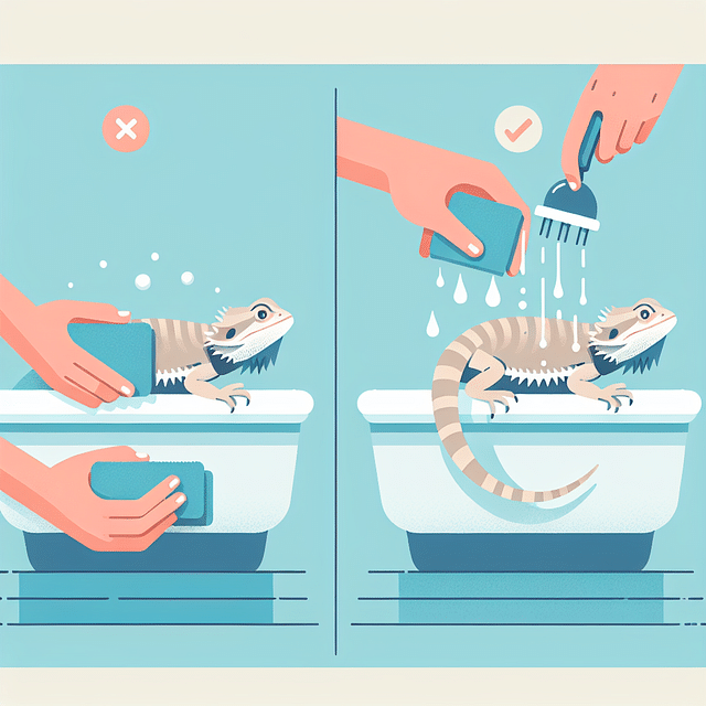rinsing a bearded dragon with water in a bath