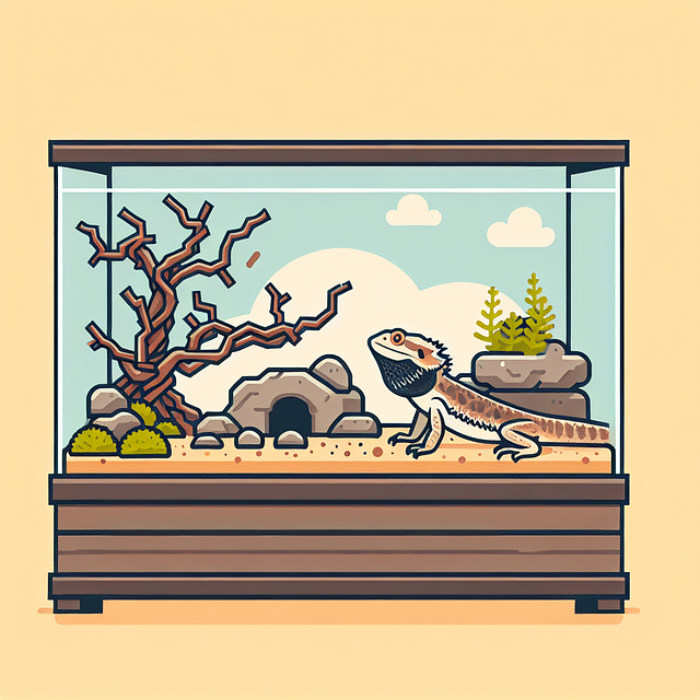 bearded dragon tank with rocks, branches, and hiding spots