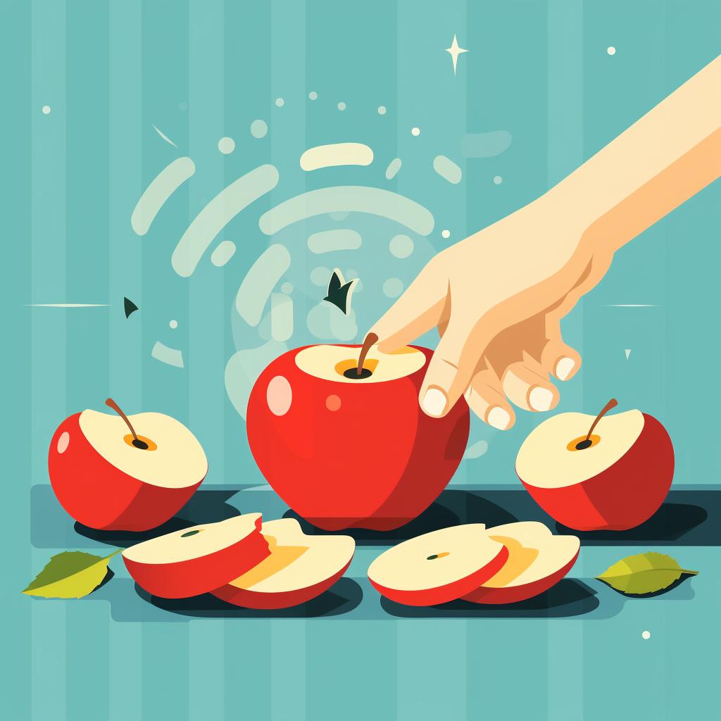 A hand cutting an apple into small pieces