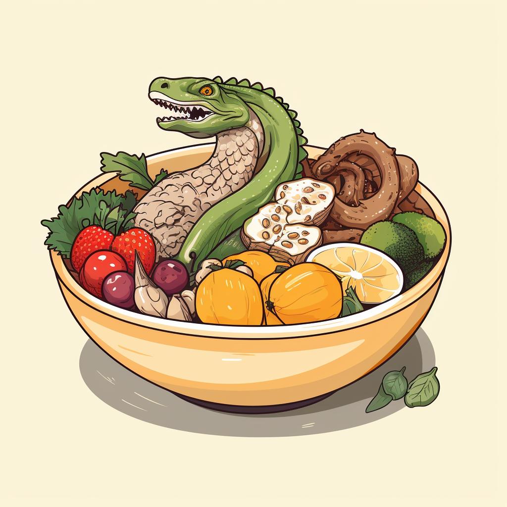 A bowl of mixed diet for bearded dragons, including fruits, vegetables, and insects