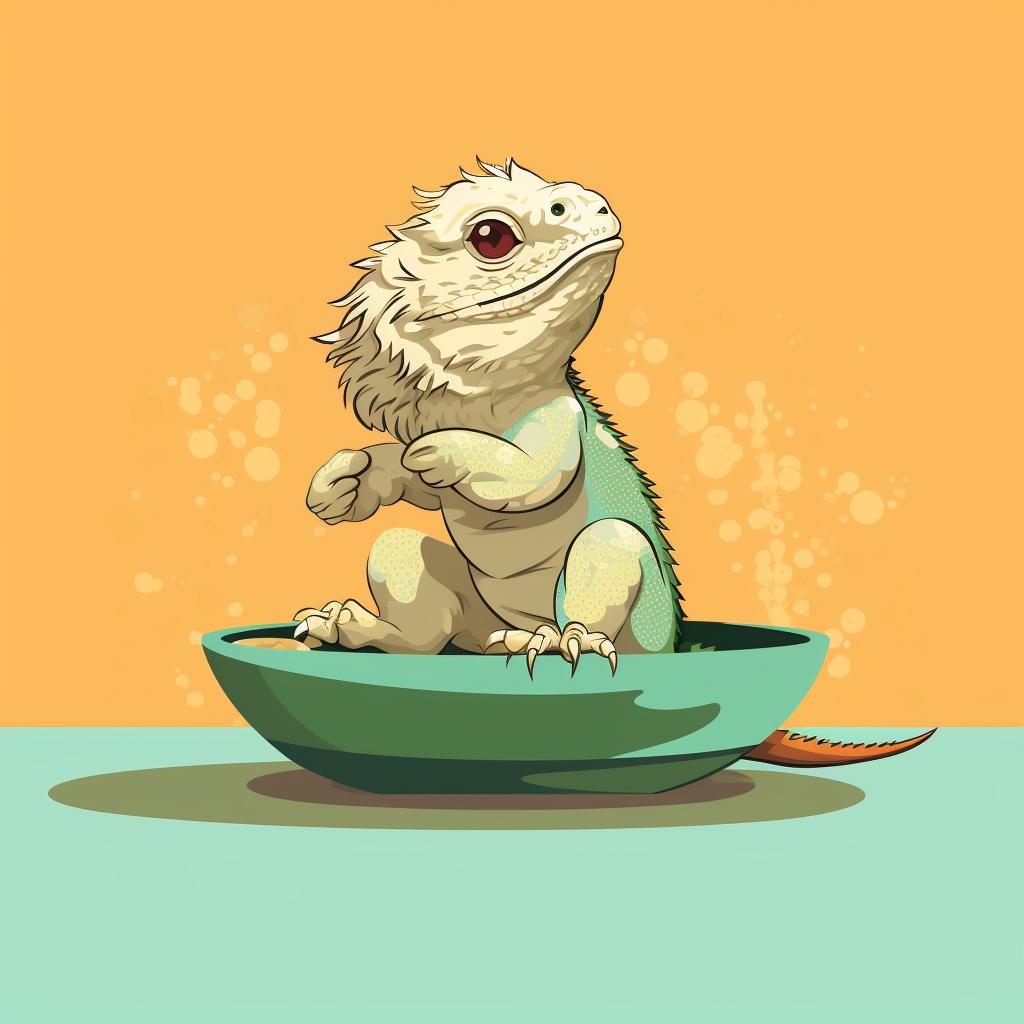 A bearded dragon munching on a bowl of mixed diet
